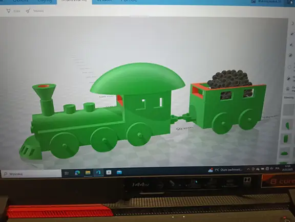 model 3D lokomotywy z wagonikiem w programie 3D Builder
