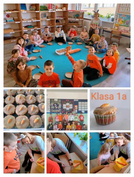Uczniowie klasy pierwszej a świętują Dzień Marchewki jedząc marchewkowe muffiny oraz ważąc swoje marchewki. (1)