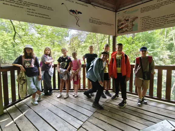 Zdjęcie grupy uczniów na platformie do obserwacji tygrysów