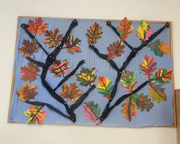 Gazetka wzorowana na gałęzie drzew, przedstawiająca listki wykonane uczniów.