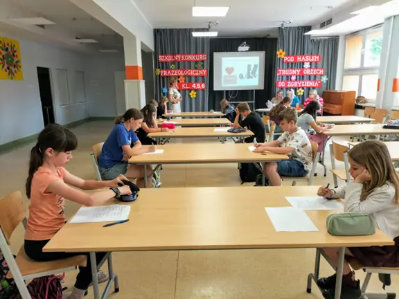 Uczniowie klas IV i V wykonują ćwiczenia frazeologiczne na kartach konkursowych.