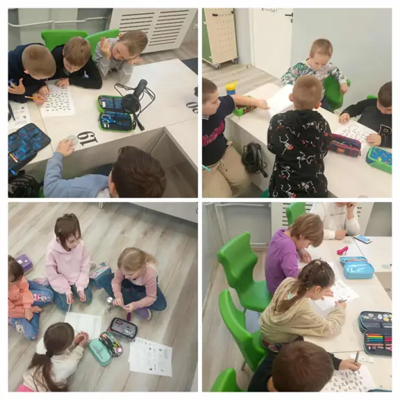 Uczniowie klasy drugiej a pracują w grupie nad zadaniami z projektu