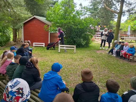 Dzieci siedzą w kręgu podczas spotkania z psem, oglądają sztuczki