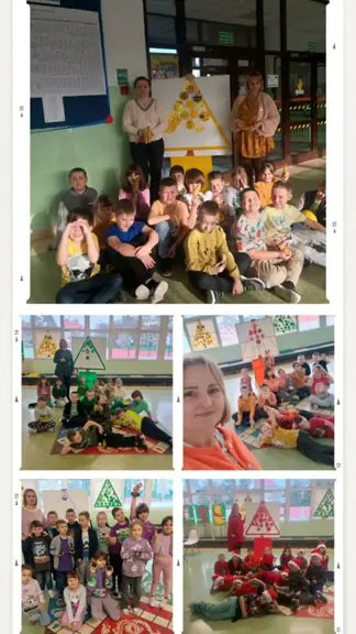 Kolaż zdjęć przy kolorowych choinkach