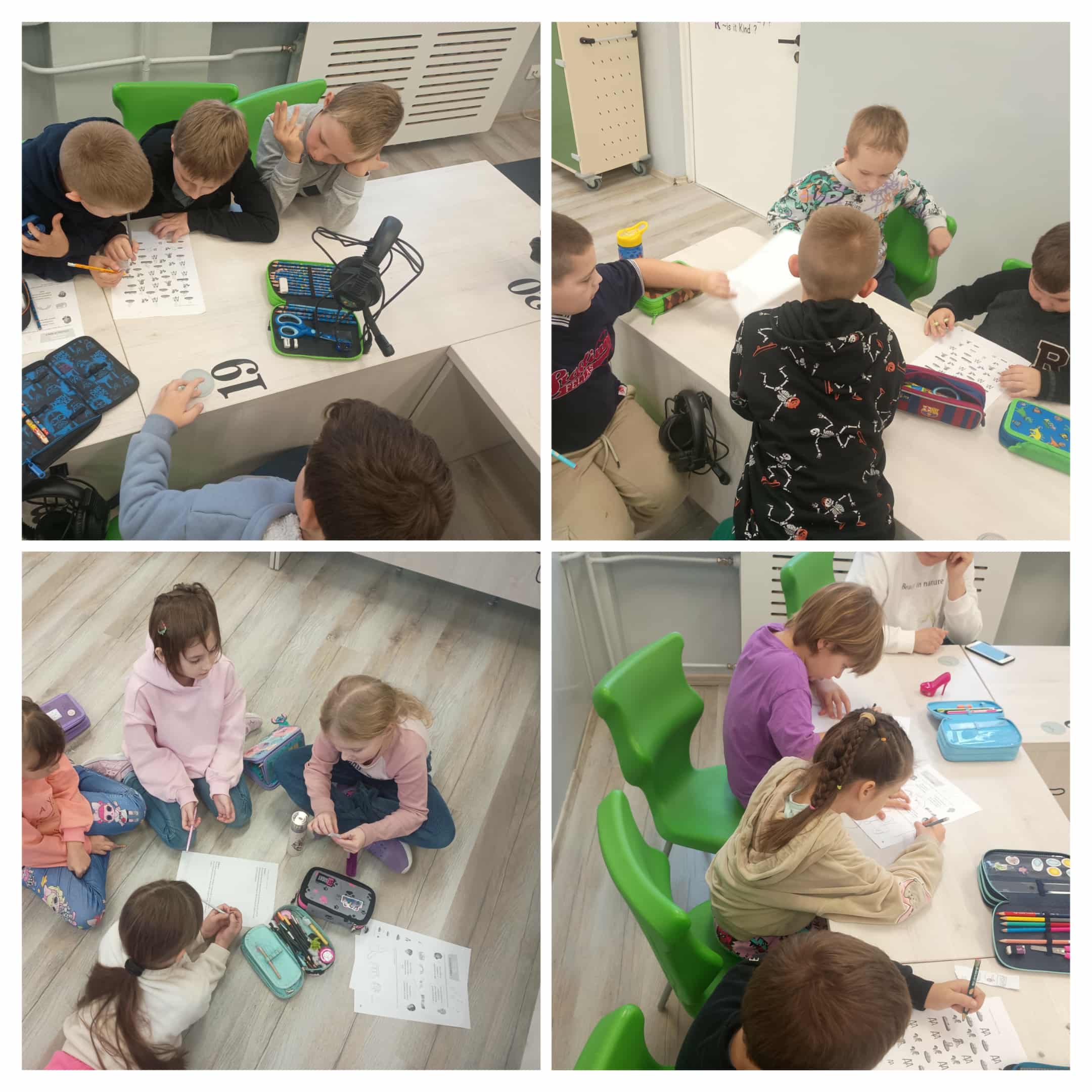 Uczniowie klasy drugiej a pracują w grupie nad zadaniami z projektu